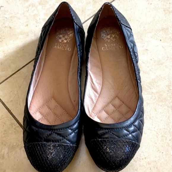 Vince Camuto Black Sparkle Toe Quilted Leather Ballet Flats 6 - Picture 1 of 4